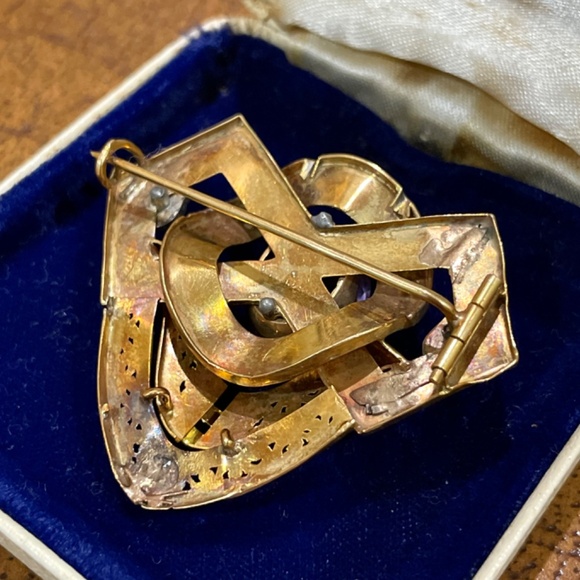 Antique Victorian 14k Yellow Gold Natural Amethyst Pearl Black Enamel Brooch - Picture 9 of 11